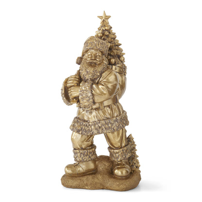 K&K Interiors 23" Gold Resin Santa Claus Statue with Christmas Tree Bag