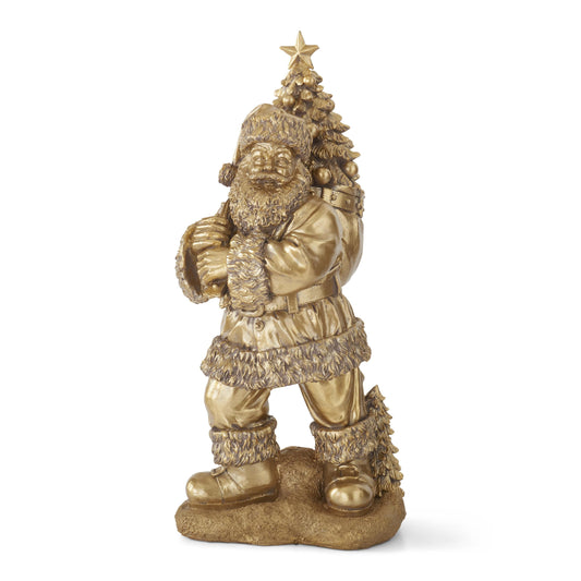 K&K Interiors 23" Gold Resin Santa Claus Statue with Christmas Tree Bag