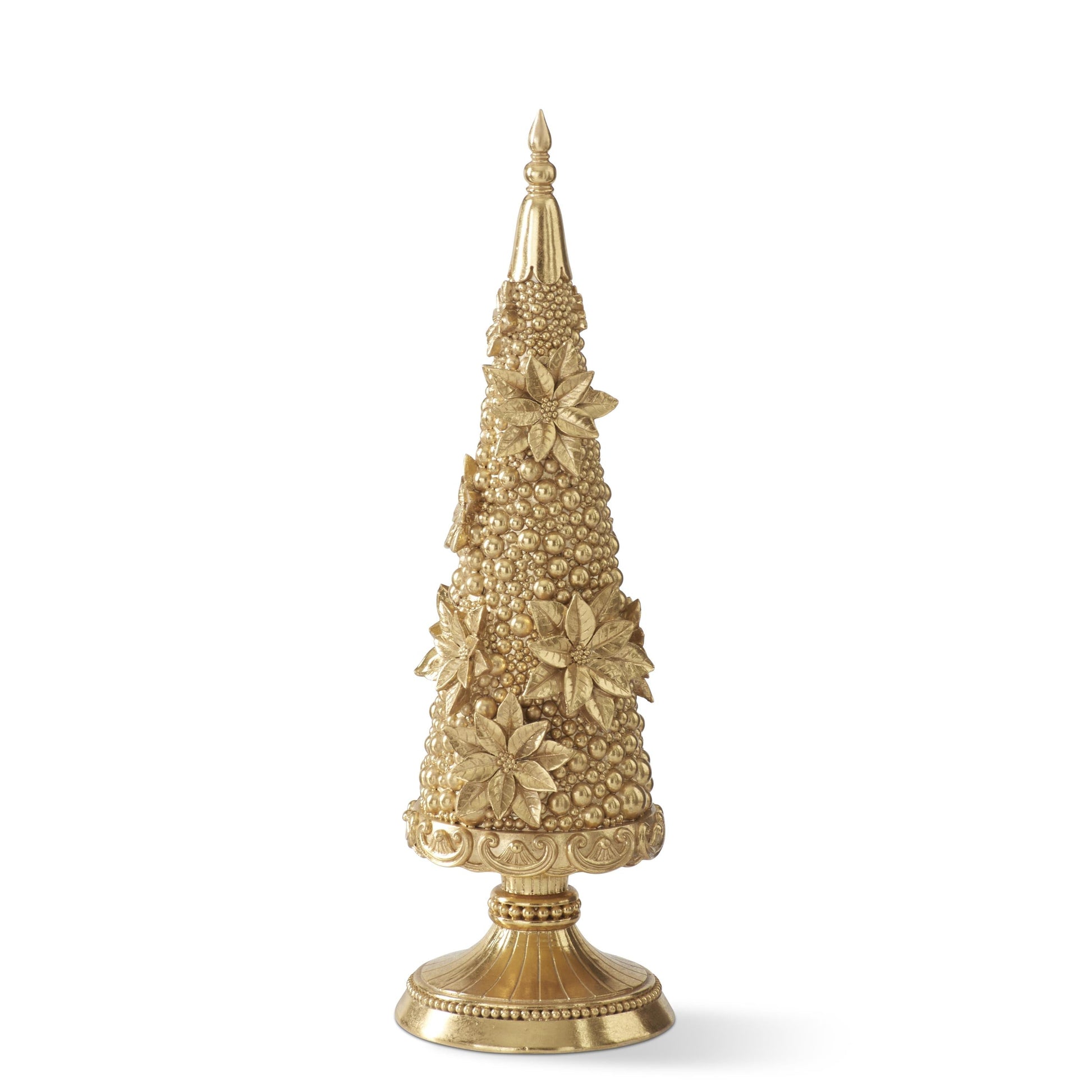 K&K Interiors 17.5" and 13.75" Gold Resin Poinsettia Bloom Christmas Trees Christmas Decoration - Set of 2