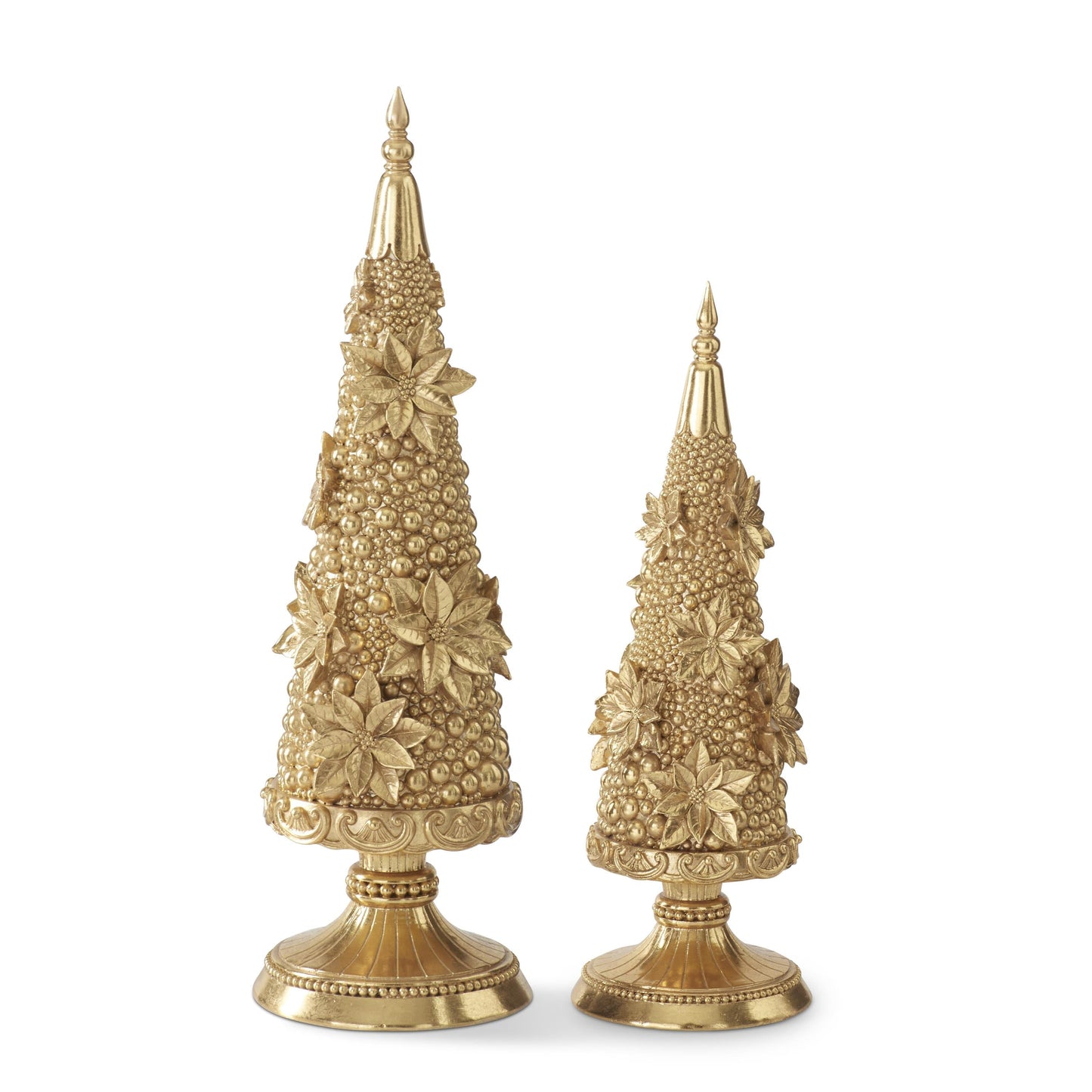 K&K Interiors 17.5" and 13.75" Gold Resin Poinsettia Bloom Christmas Trees Christmas Decoration - Set of 2