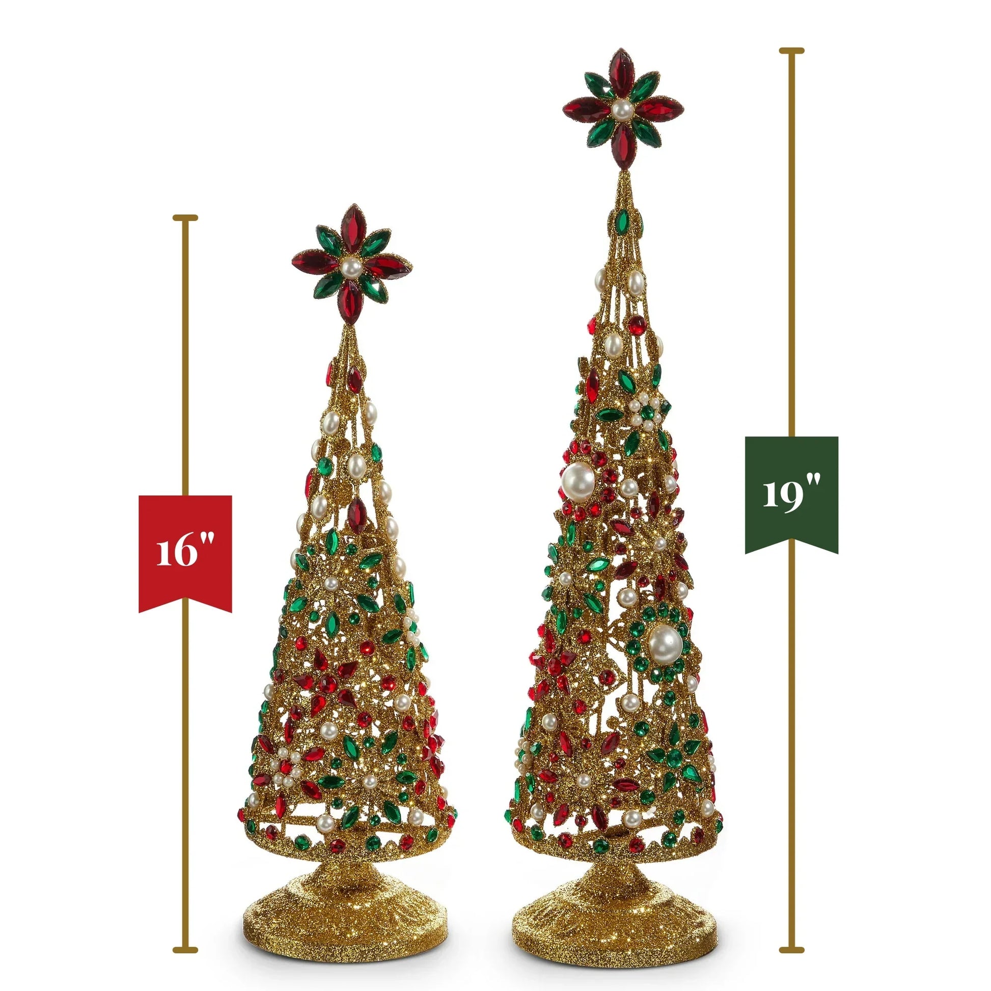 RAZ Imports 19" and 16" Pearl Jeweled Christmas Trees with Gold Glitter Christmas Decoration - Set of 2