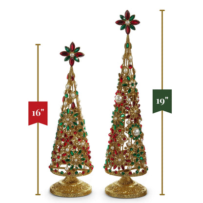 RAZ Imports 19" and 16" Pearl Jeweled Christmas Trees with Gold Glitter Christmas Decoration - Set of 2