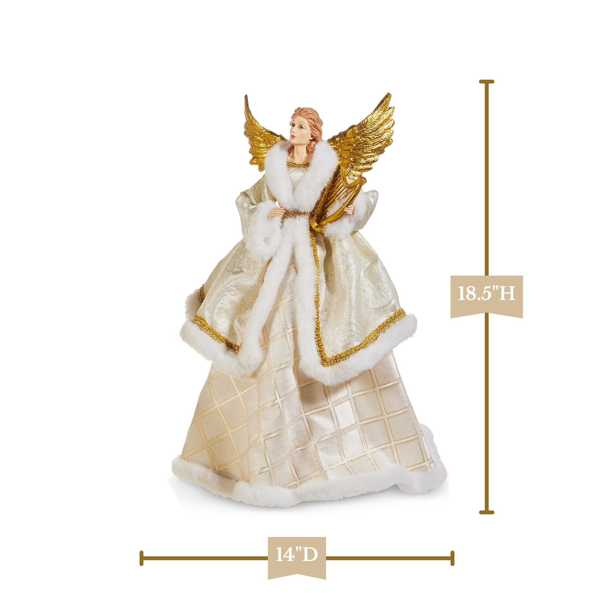 RAZ Imports 18.5" Gold Victorian Angel with Fur Coat and Harp Christmas Tree Topper
