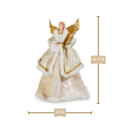 RAZ Imports 18.5" Gold Victorian Angel with Fur Coat and Harp Christmas Tree Topper