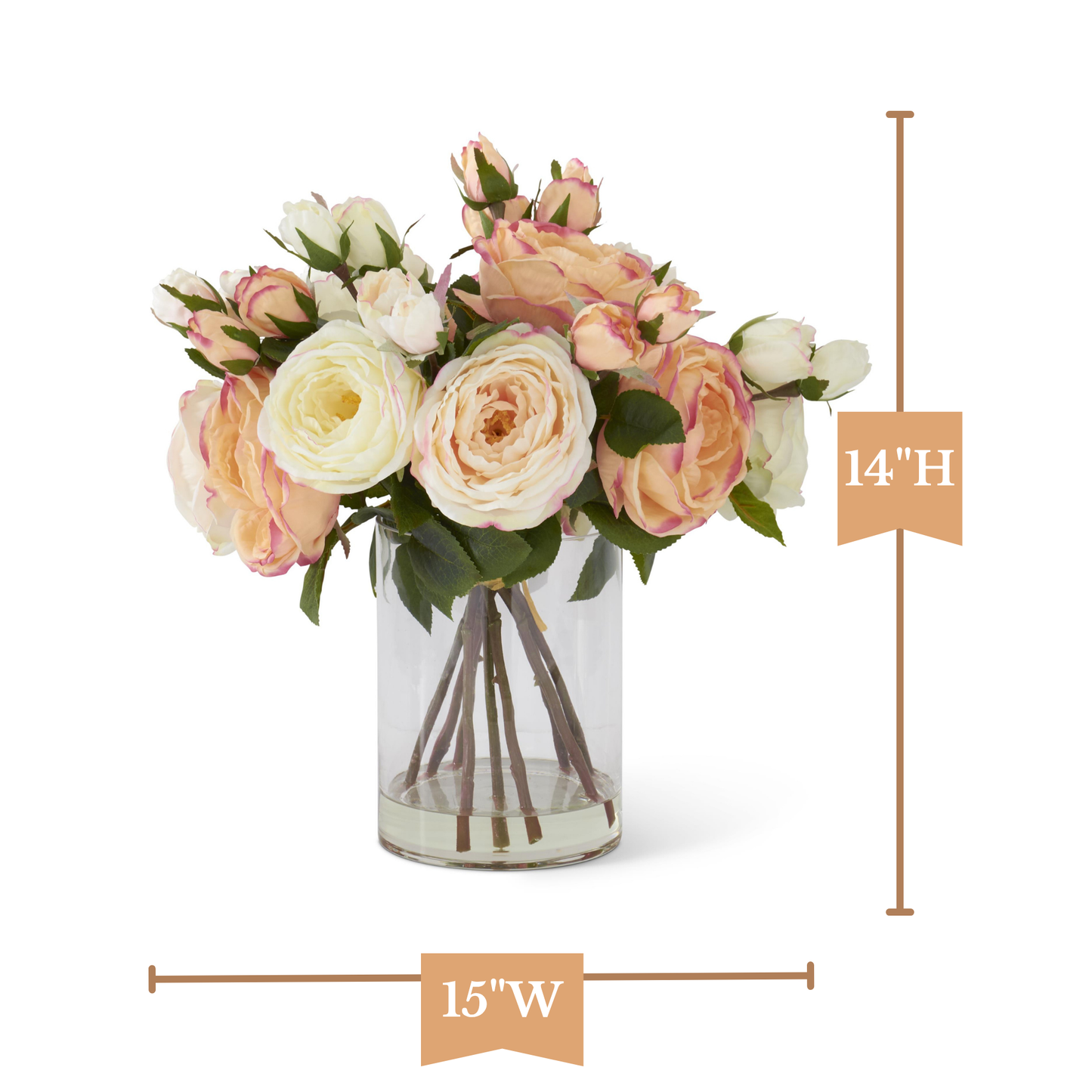 K&K Interiors Pink & White Austin Rose 14" Glass Floral Arrangement with Faux Water for Mother's Day