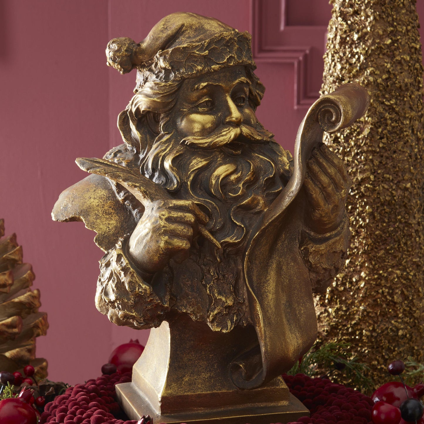 K&K Interiors 18" Golden Resin Santa Naughty & Nice List Statue