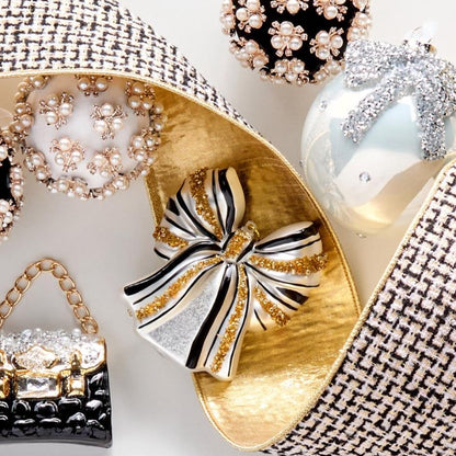 RAZ Imports Black and White Tweed Wired Christmas Ribbon with Gold Trim, 4" X 10 Yards - 1 Roll