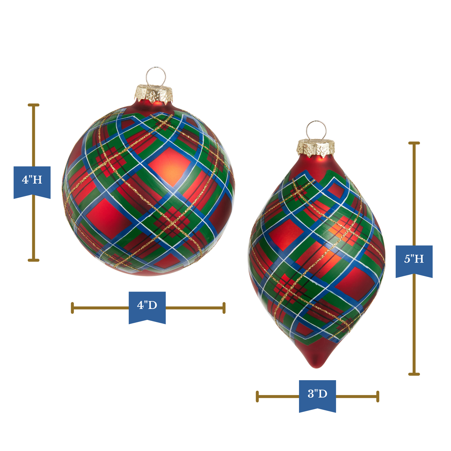 RAZ Imports 4" Red Plaid Ball and Finial Glass Christmas Ornaments - Set of 2