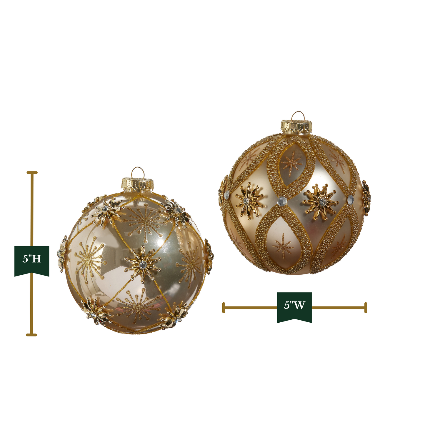RAZ Imports 5" Star and Jewel Gold Glass Ball Christmas Ornaments - Set of 2