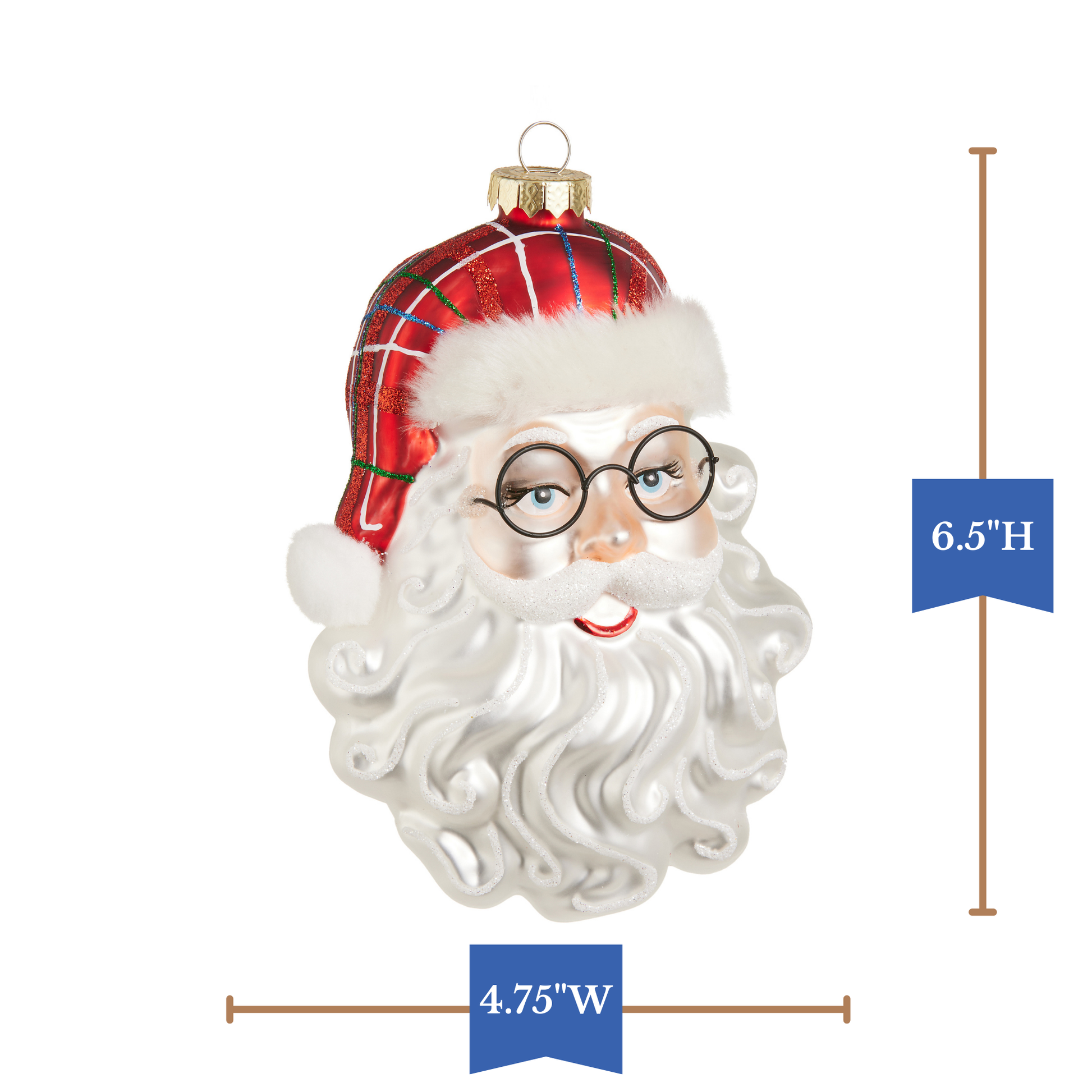 RAZ Imports 6.5" Plaid Santa Head with Glasses Glass Christmas Ornament