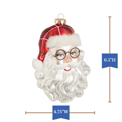 RAZ Imports 6.5" Plaid Santa Head with Glasses Glass Christmas Ornament