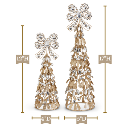 RAZ Imports 17" and 12" Glittered Gold Jewel Bow Christmas Trees Christmas Decoration - Set of 2
