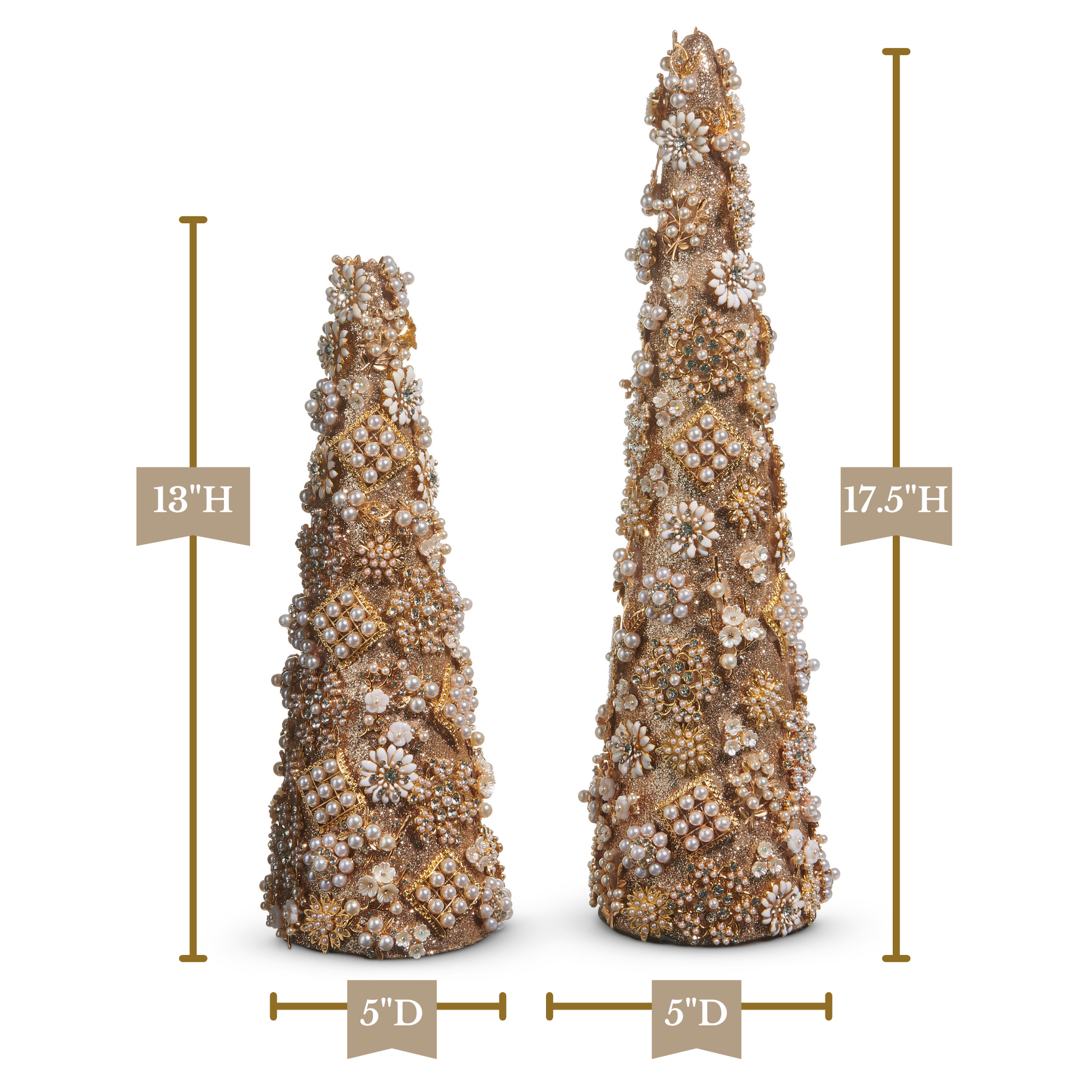 RAZ Imports 17.5" and 13" Glittered Gold Jewel and Pearl Brooch Cone Christmas Trees Christmas Decoration - Set of 2
