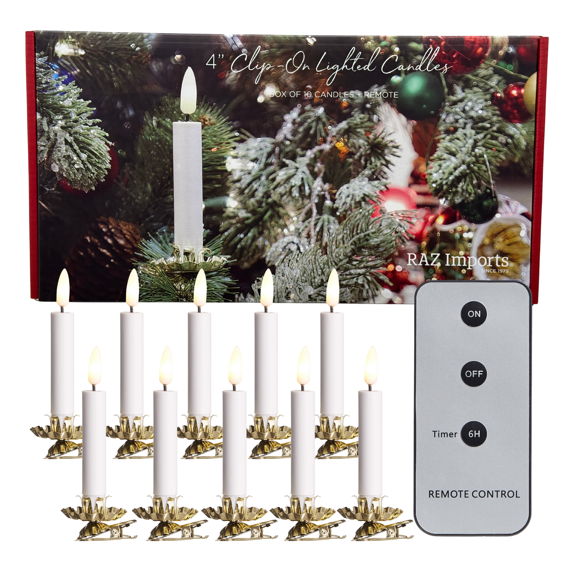 RAZ Imports 4" Clip-on Lighted Candles for Christmas Tree with Remote - Set of 10