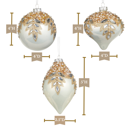 RAZ Imports 4" White Gem Encrusted Glass Christmas Ornaments - Set of 3