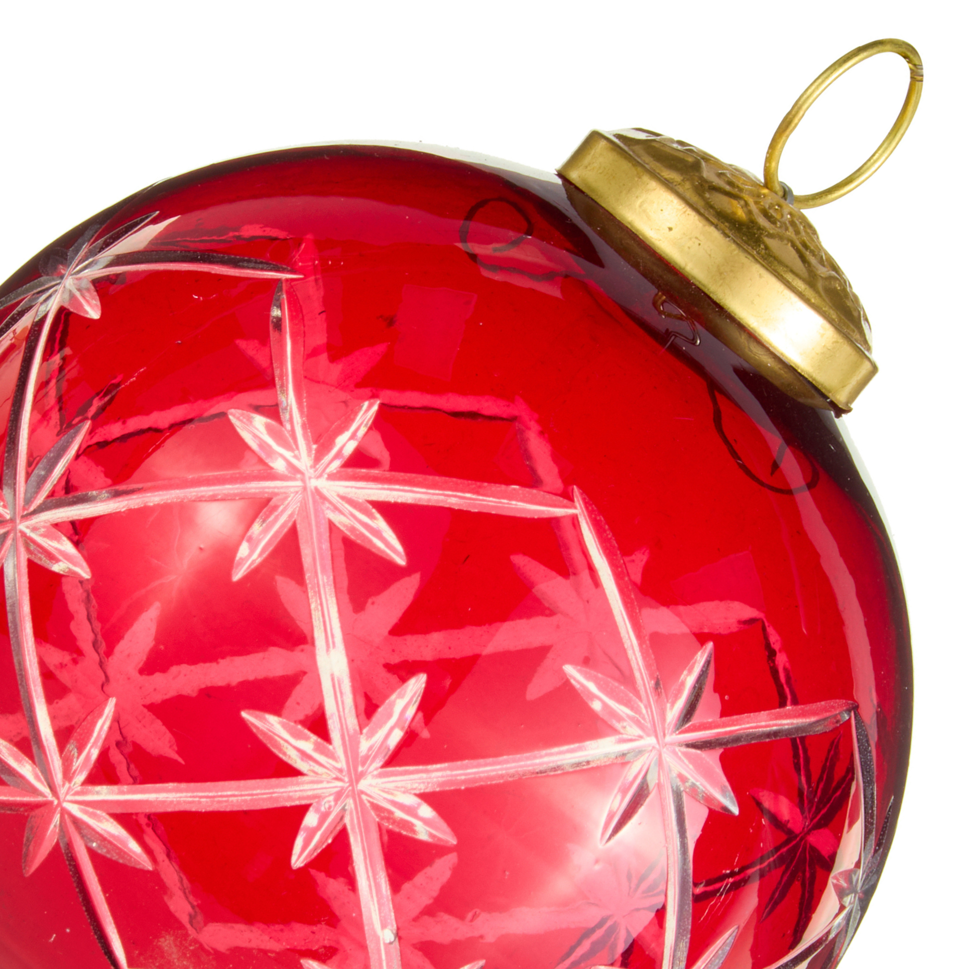 RAZ Imports 4" Etched Star Red Glass Ball Christmas Ornament - Set of 6