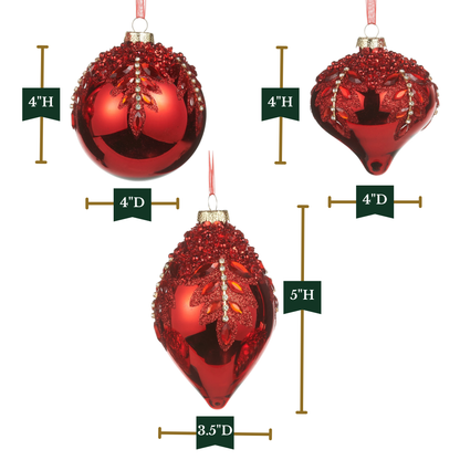 RAZ Imports 4" Red Gem Encrusted Glass Christmas Ornaments - Set of 3