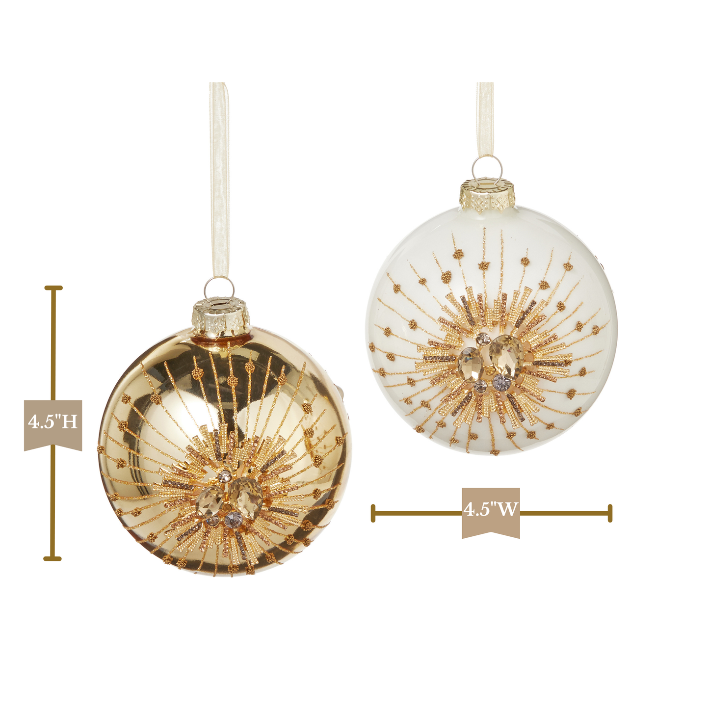 RAZ Imports 4.5" White and Gold Jewel Starburst Glass Christmas Ornaments - Set of 2