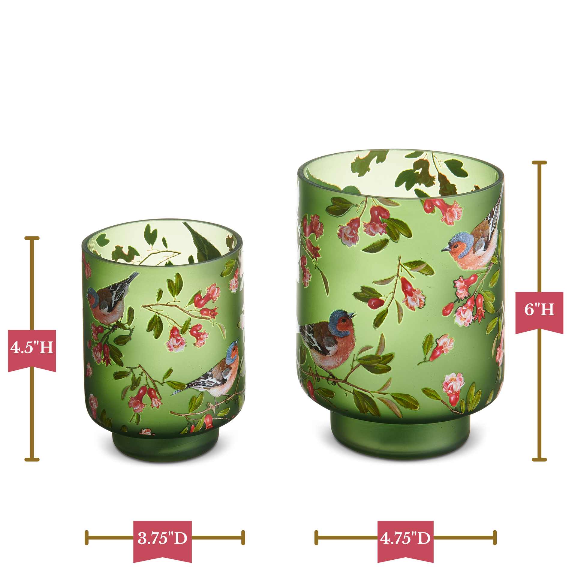 RAZ Imports 6" and 4.5" Green Bird Floral Pattern Glass Containers - Set of 2
