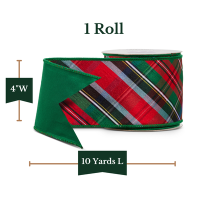 RAZ Imports Green Tartan Plaid Wired Christmas Ribbon, 4" X 10 Yards - 1 Roll
