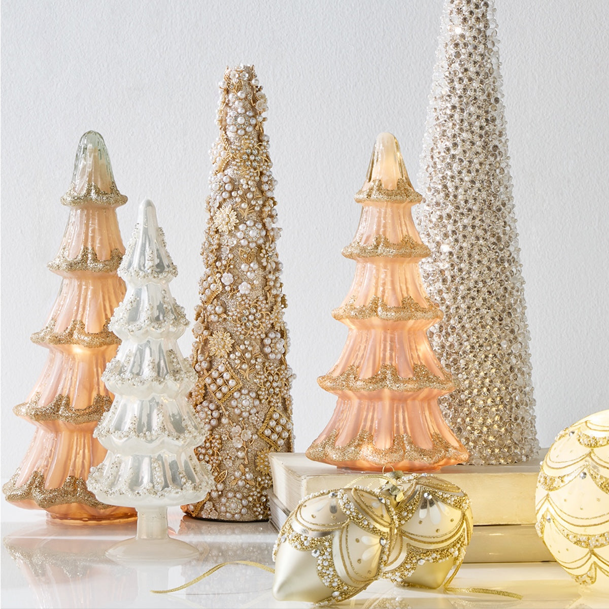 RAZ Imports 17.5" and 13" Glittered Gold Jewel and Pearl Brooch Cone Christmas Trees Christmas Decoration - Set of 2