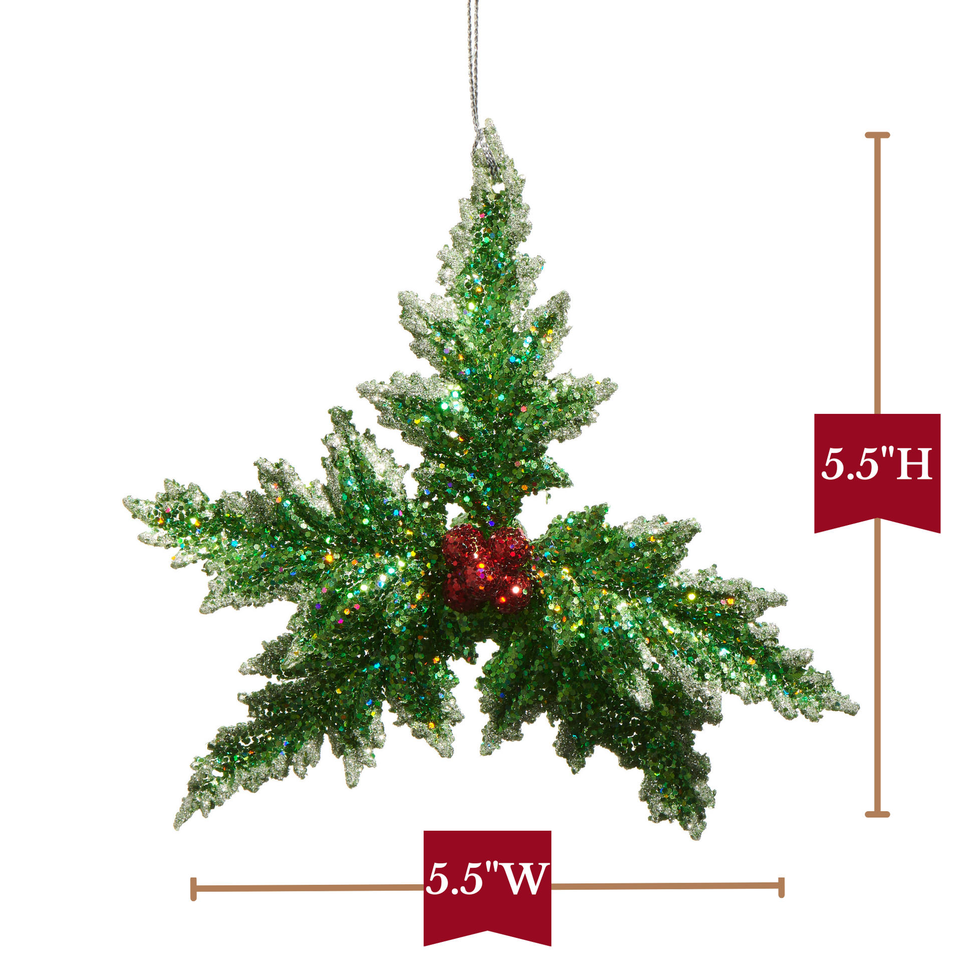 RAZ Imports 5.5" Glittered Green Holly with Berries Christmas Ornament