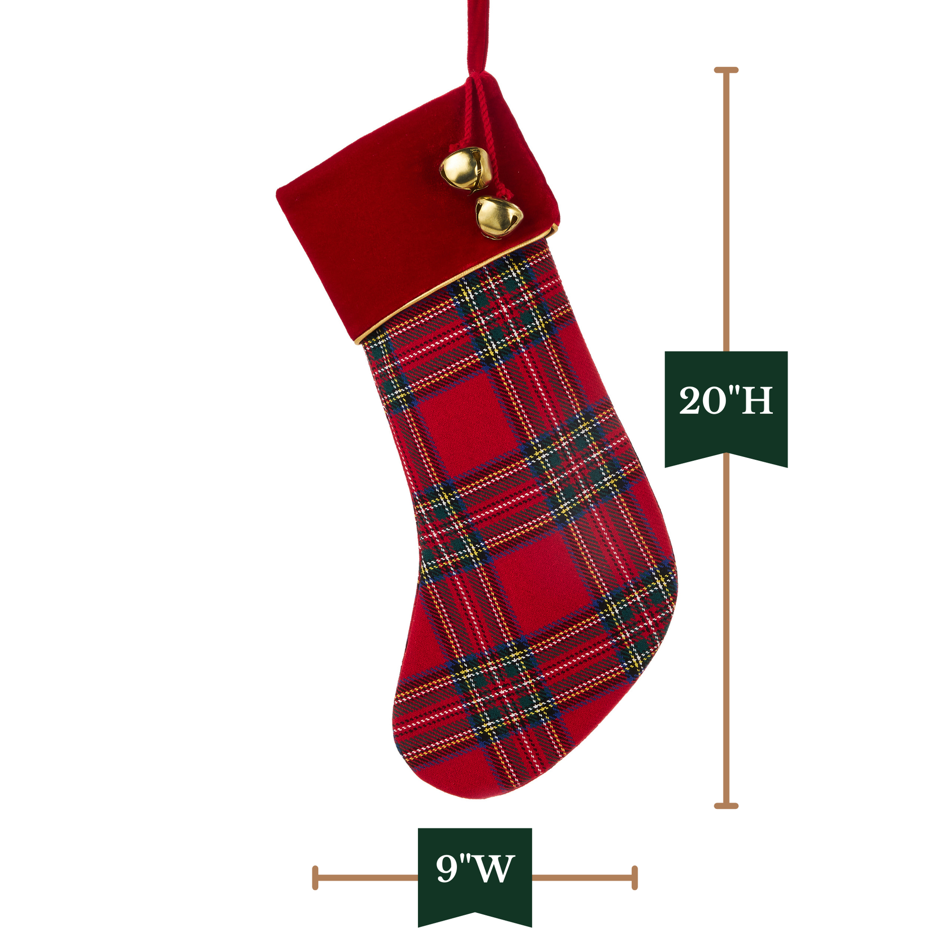 RAZ Imports 20" Homestead Plaid Red Christmas Stocking with Gold Jingle Bells