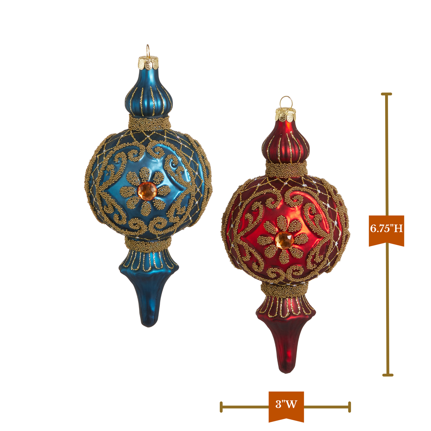 RAZ Imports 6.75" Red and Blue Beaded Glass Finial Christmas Ornaments - Set of 2