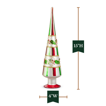 RAZ Imports 15" and 12" Traditional Holly Striped Glass Finial Trees Christmas Decoration - Set of 2