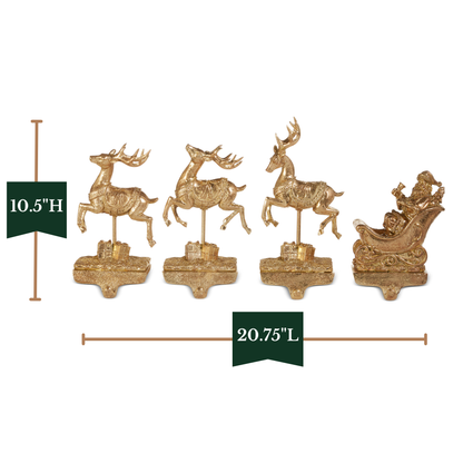 RAZ Imports 10.5" Santa and Reindeer Gold Resin Iron Christmas Stocking Holders - Set of 4