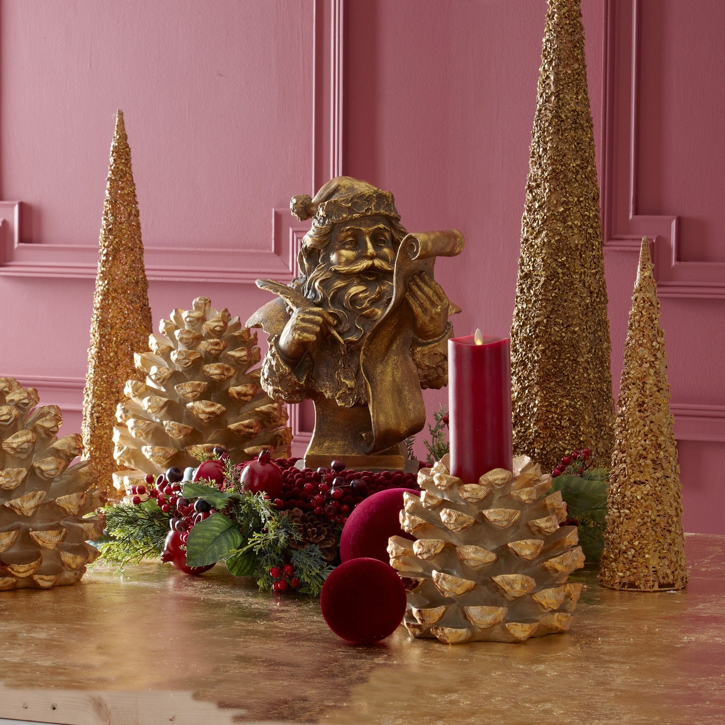 K&K Interiors 18" Golden Resin Santa Naughty & Nice List Statue