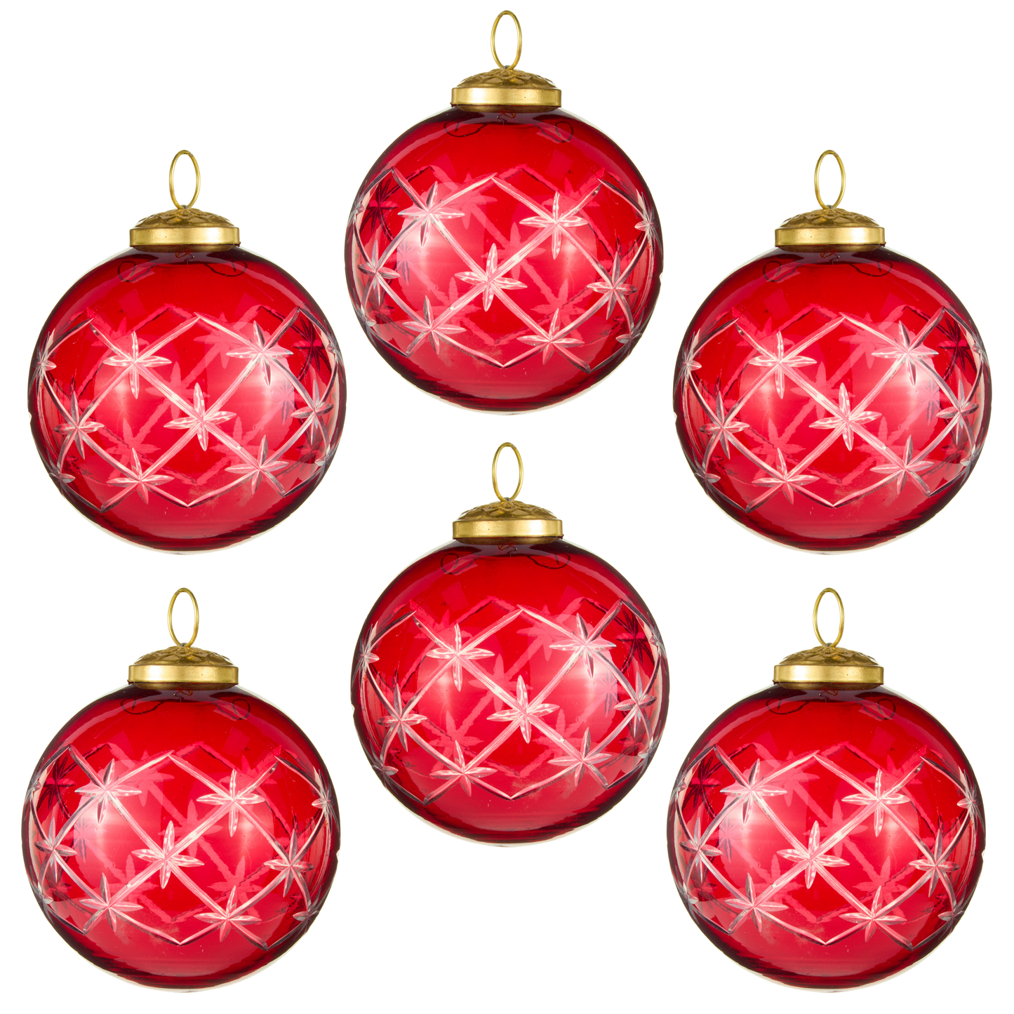RAZ Imports 4" Etched Star Red Glass Ball Christmas Ornament - Set of 6