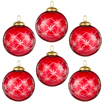 RAZ Imports 4" Etched Star Red Glass Ball Christmas Ornament - Set of 6