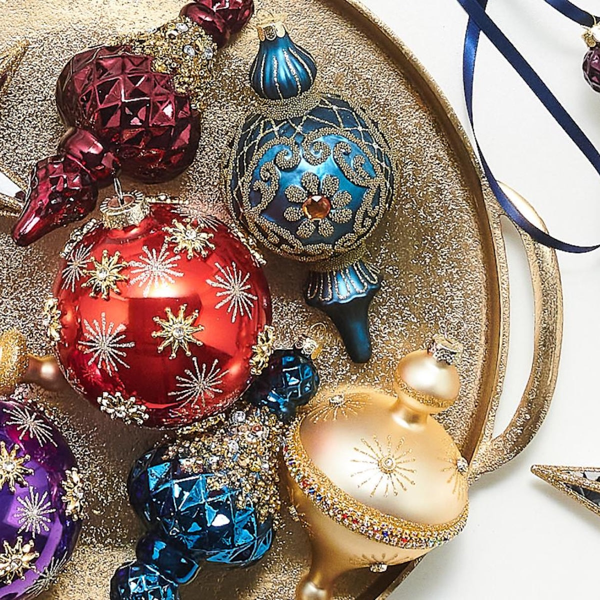 RAZ Imports 6.75" Red and Blue Beaded Glass Finial Christmas Ornaments - Set of 2