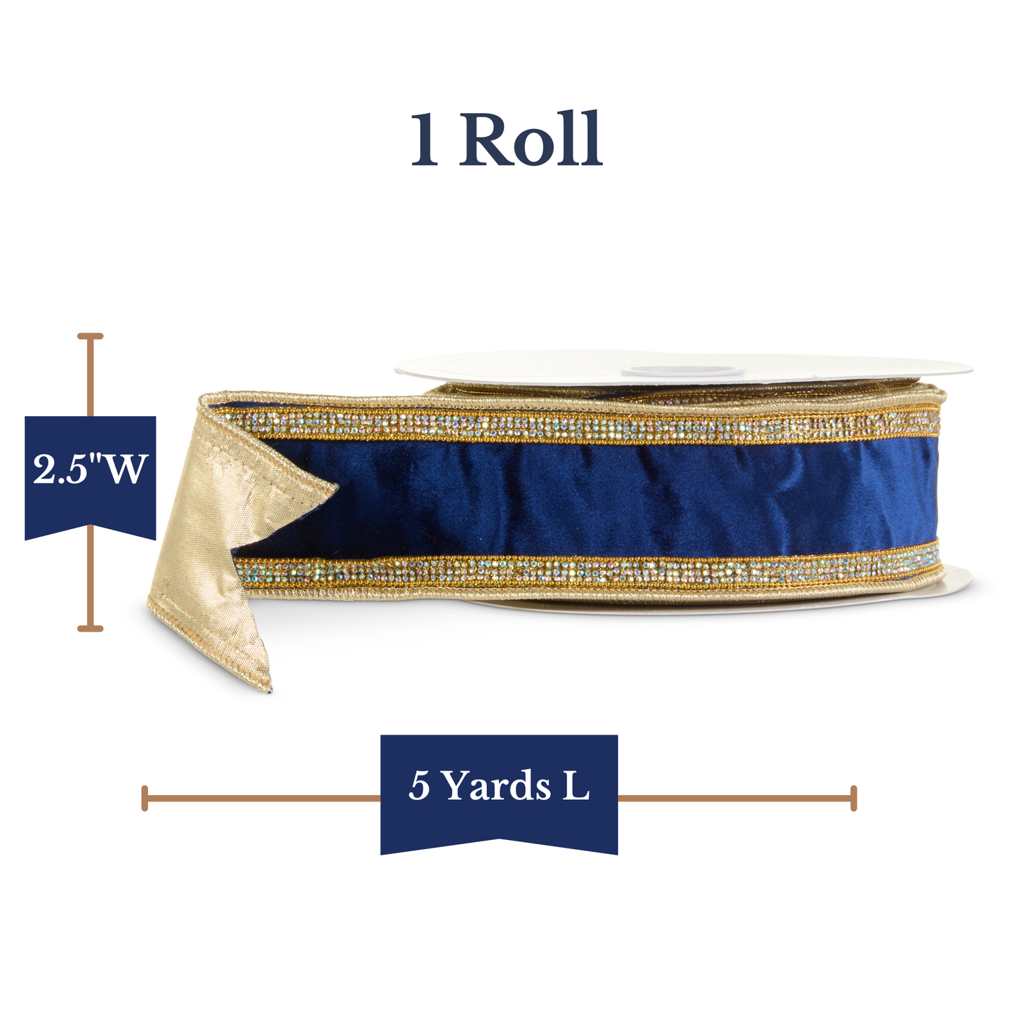 RAZ Imports Navy Blue Velvet and Gold Trim Wired Christmas Ribbon with Rhinestones, 2.5" X 5 Yards - 1 Roll