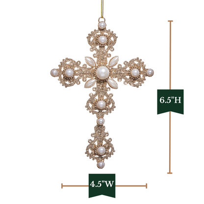 RAZ Imports 6.5" Glittered Gold Pearl Cross Christmas Ornament