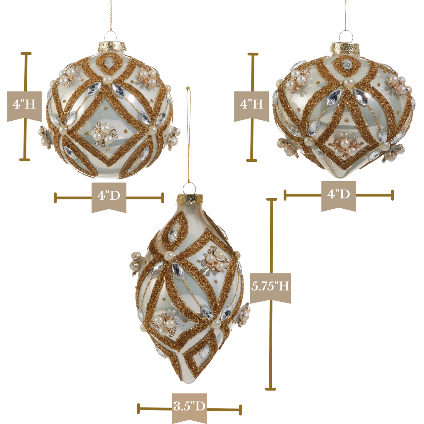 RAZ Imports 4" Pearl Jewel Embellished Glass Christmas Ornaments - Set of 3