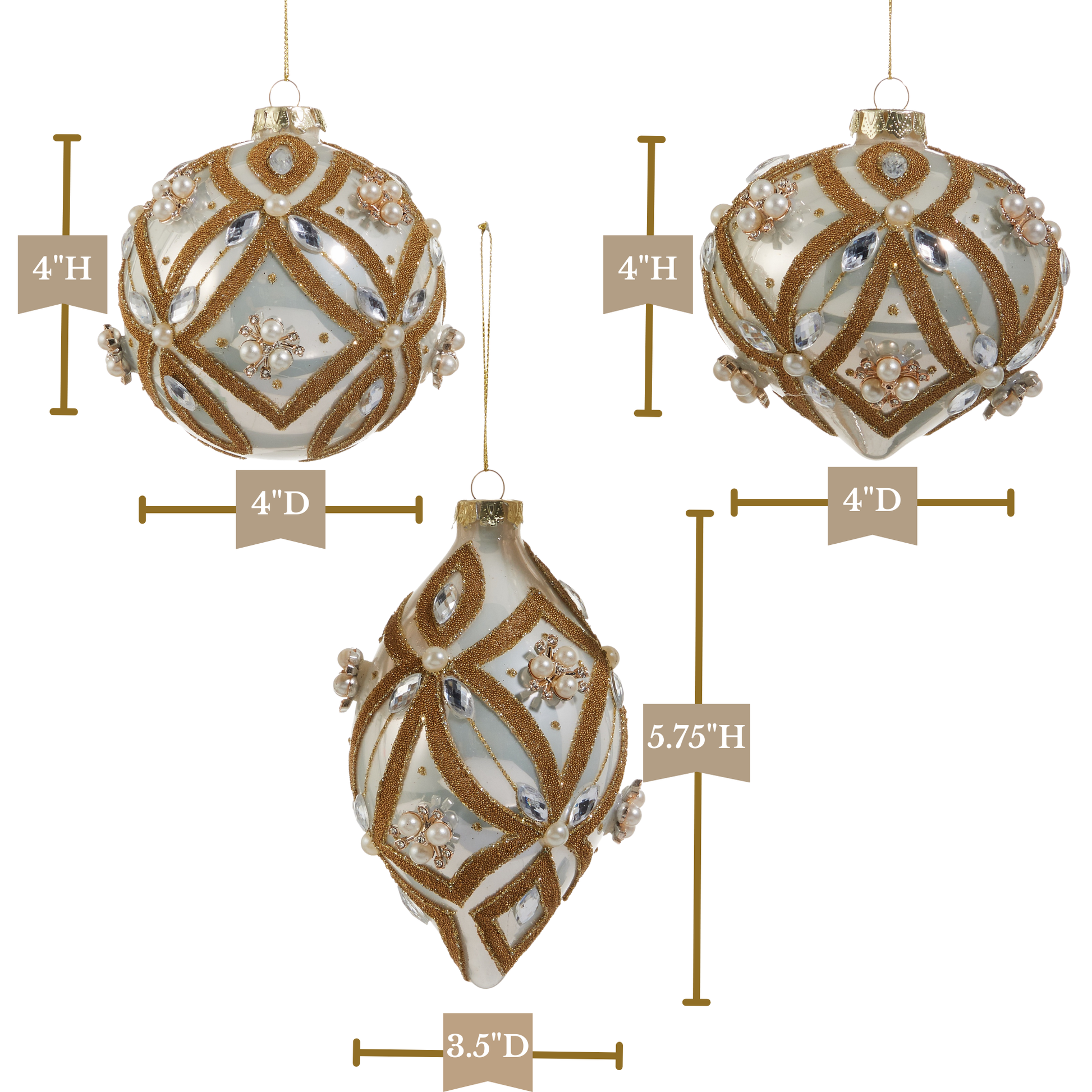 RAZ Imports 4" Pearl Jewel Embellished Glass Christmas Ornaments - Set of 3