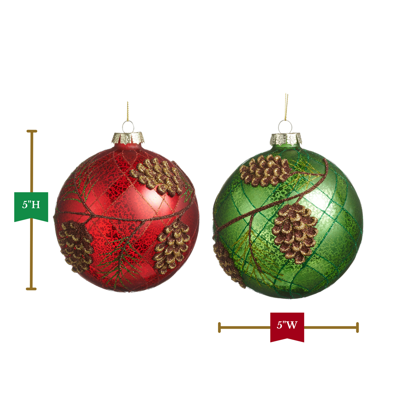 RAZ Imports 5" Mercury Glass Red and Green Pinecone Glass Ball Christmas Ornaments - Set of 2