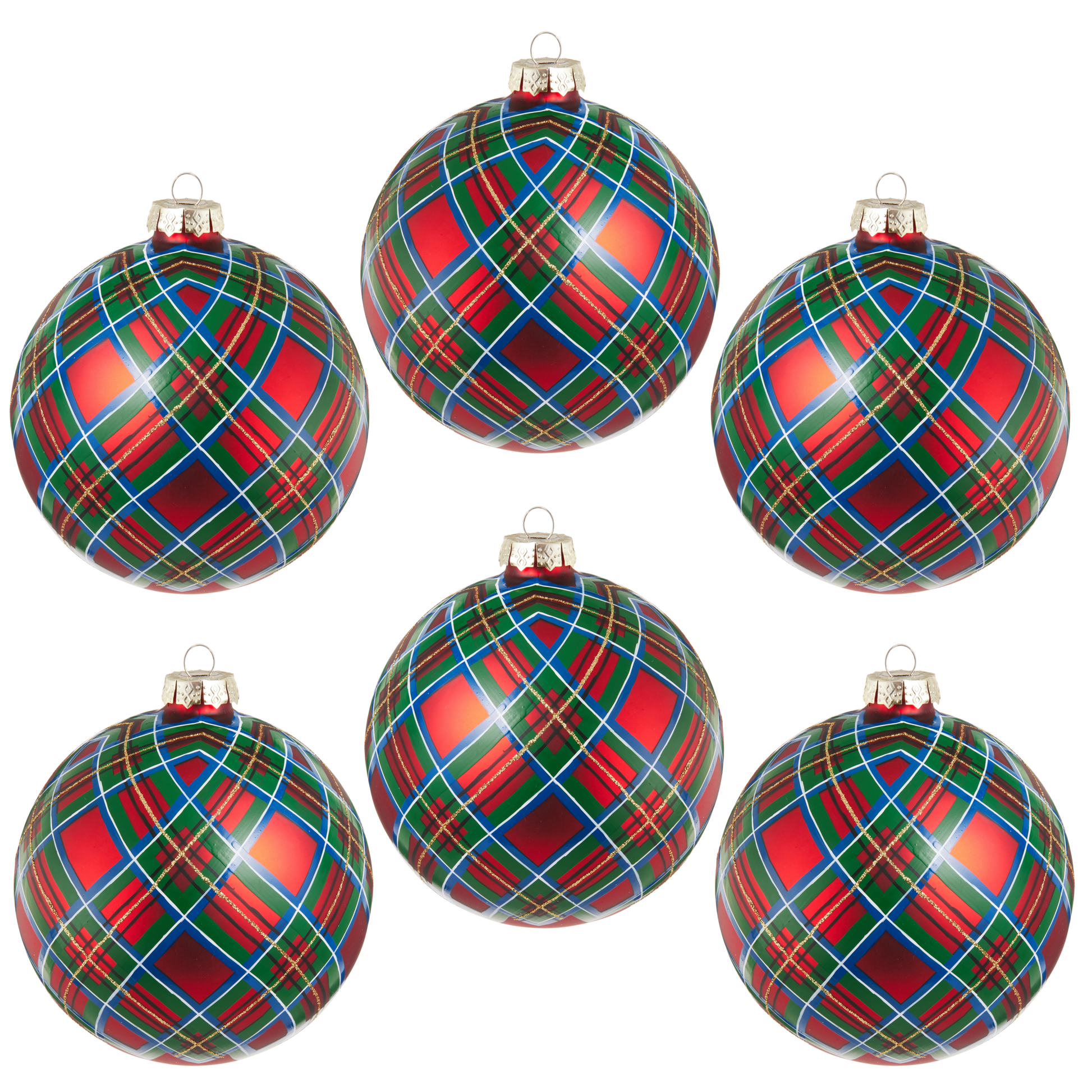 RAZ Imports 5" Red Plaid Glass Ball Christmas Ornament - Set of 6