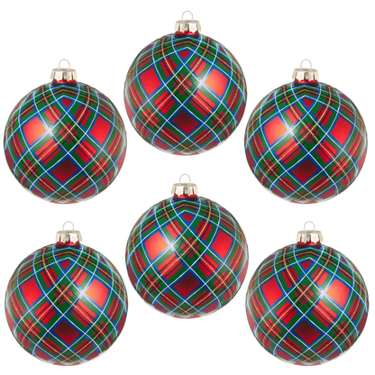 RAZ Imports 5" Red Plaid Glass Ball Christmas Ornament - Set of 6