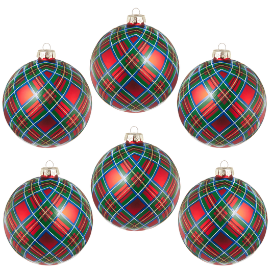 RAZ Imports 5" Red Plaid Glass Ball Christmas Ornament - Set of 6