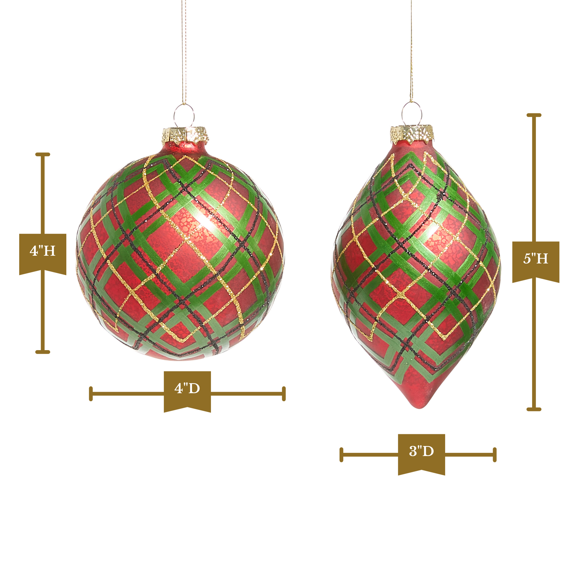 RAZ Imports 4" Traditional Red Plaid Ball and Finial Glass Christmas Ornaments - Set of 2