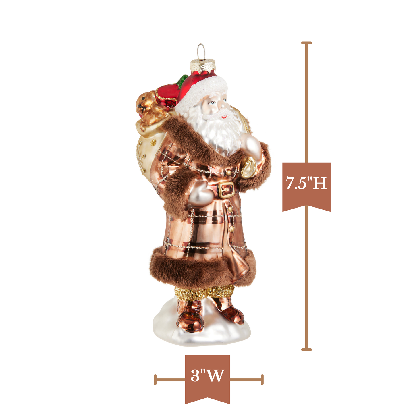 RAZ Imports 7.5" Plaid Fur Coat Santa with Presents Glass Christmas Ornament