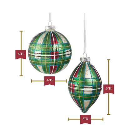 RAZ Imports 4" Tartan Green Plaid Ball and Finial Glass Christmas Ornaments - Set of 2