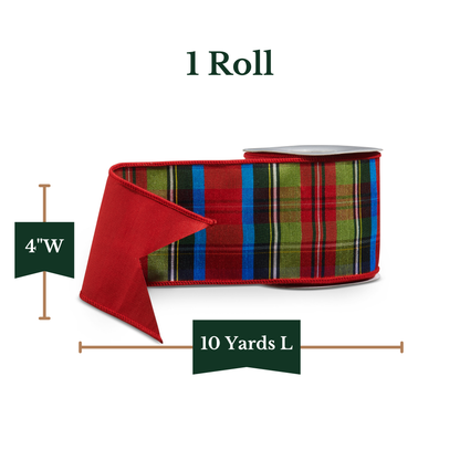 RAZ Imports Traditional Tartan Plaid Christmas Ribbon, Wired, 4" X 10 Yards - 1 Roll