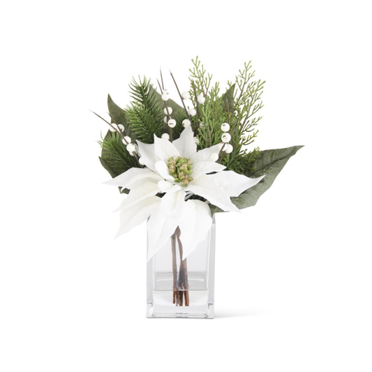 K&K Interiors 11" White Poinsettia Flower Christmas Glass Floral Arrangement with Faux Water
