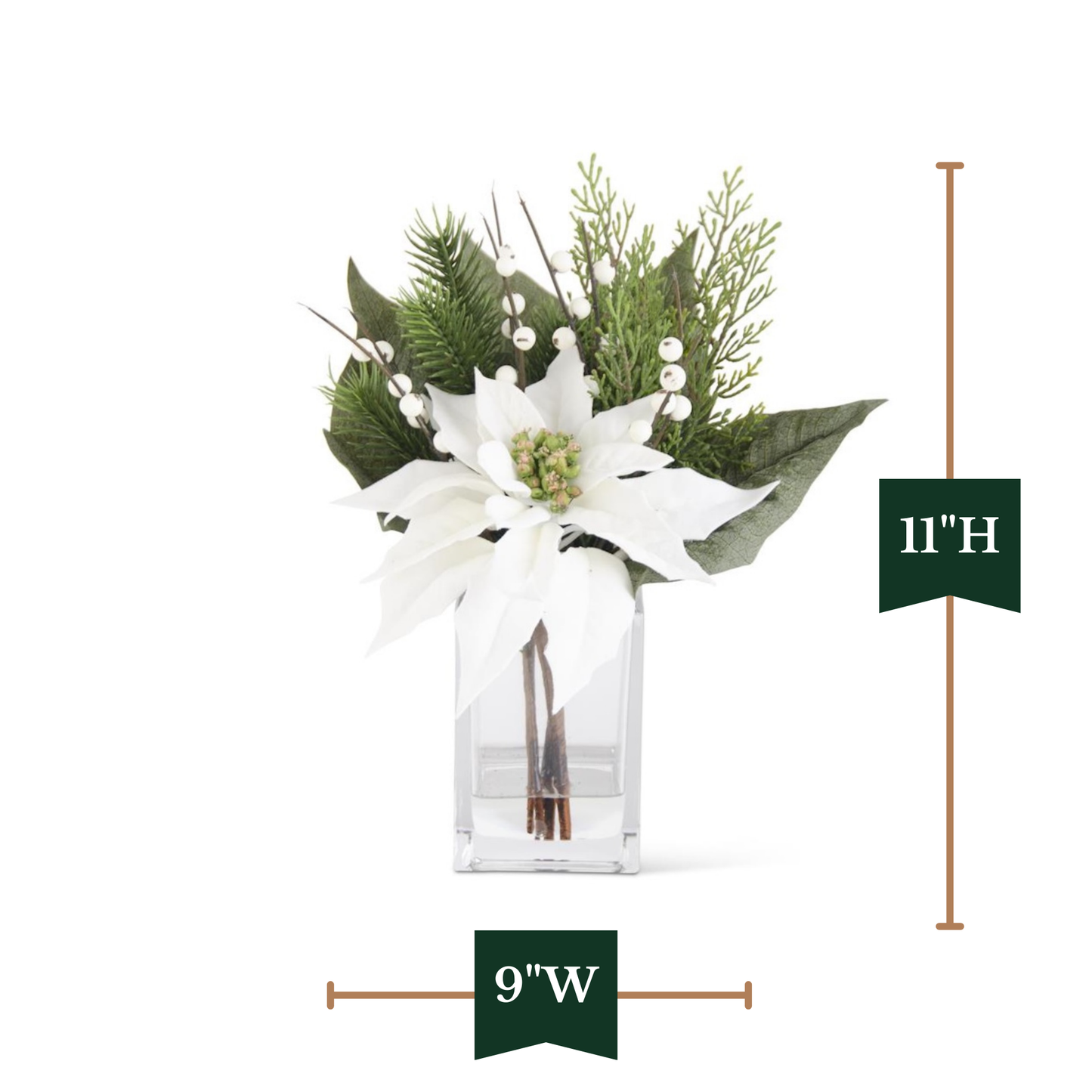 K&K Interiors 11" White Poinsettia Flower Christmas Glass Floral Arrangement with Faux Water