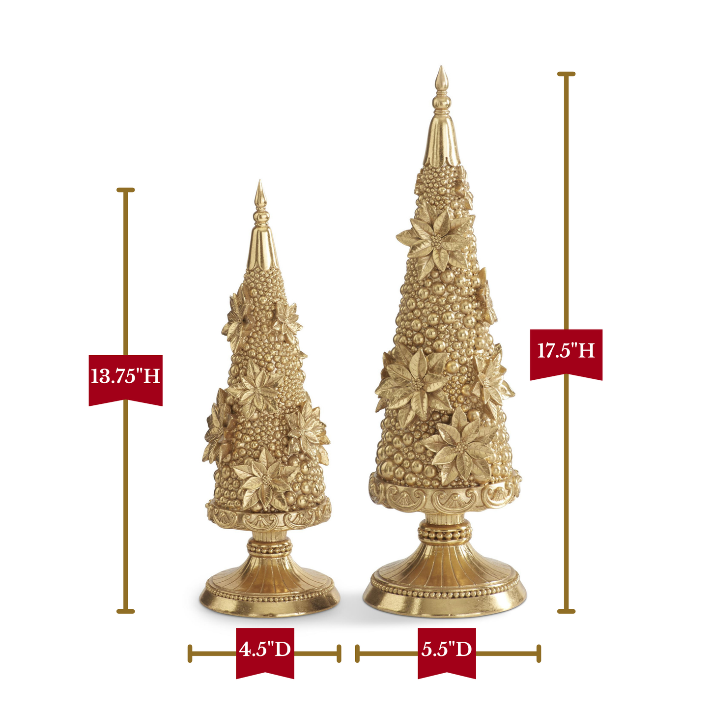 K&K Interiors 17.5" and 13.75" Gold Resin Poinsettia Bloom Christmas Trees Christmas Decoration - Set of 2