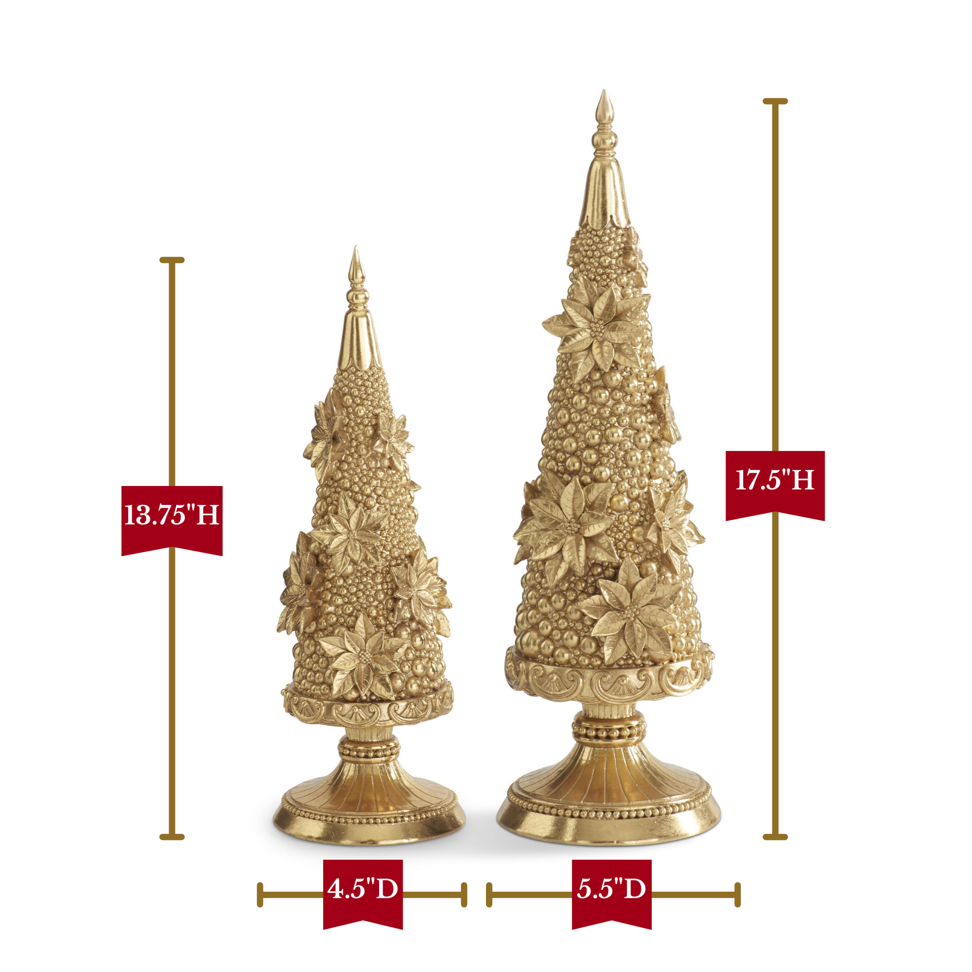 K&K Interiors 17.5" and 13.75" Gold Resin Poinsettia Bloom Christmas Trees Christmas Decoration - Set of 2